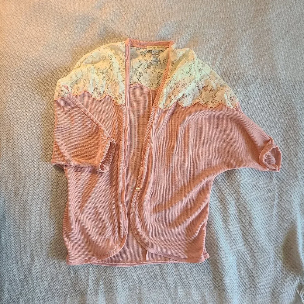 Pink Cardigan with lace accent - Picture 1 of 3